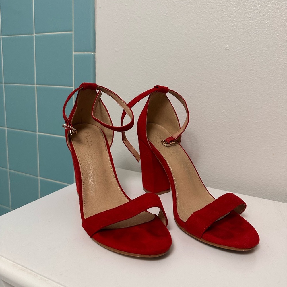 Red Suede Ankle-Strap Block Heel Sandals